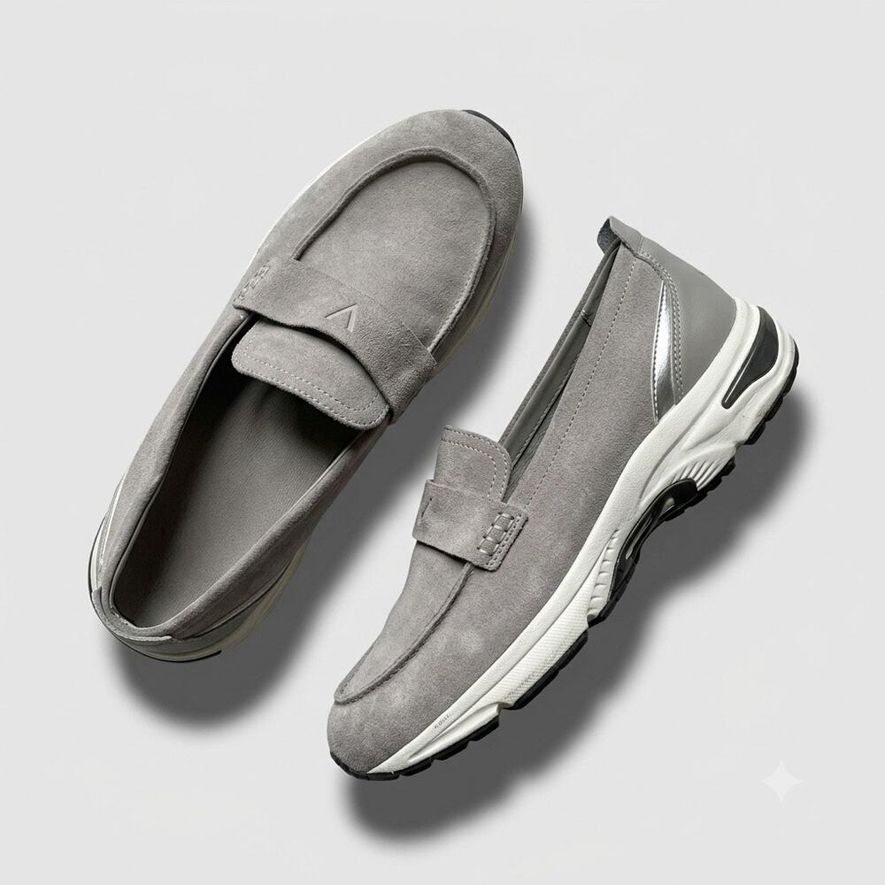 Vionic Gray Suede Penny Loafer Sneakers with Metallic Heel Detail